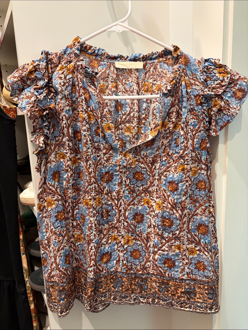 Ulla Johnson Blue & Brown Floral Ruffle Sleeve Blouse